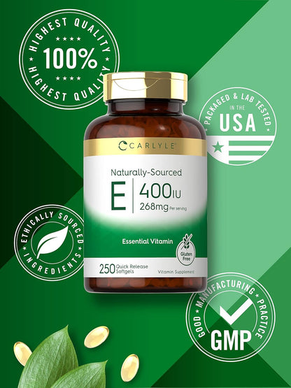 Carlyle Vitamin E 400 IU Softgels | 250 Count | Naturally Sourced Food Supplement | Non-GMO and Gluten-free