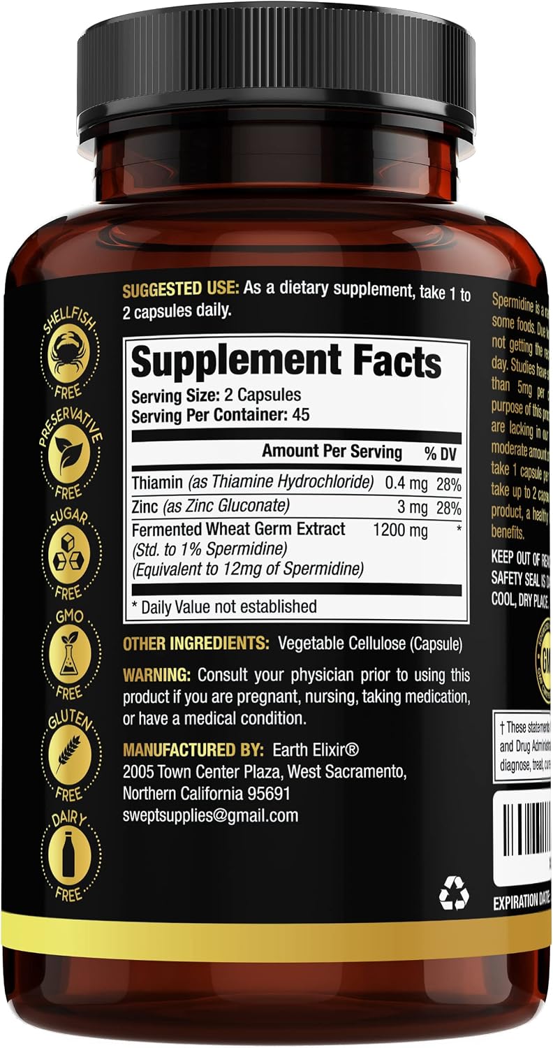 Earth Elixir Spermidine Supplements 1200mg (90 Capsules) – Anti-Ageing – Third-Party Tested (12mg Spermidine Powder) Max Purity – 100% Pure Spermidine – Fermented Wheat Germ Extract – NMN Alternative - görsel 2