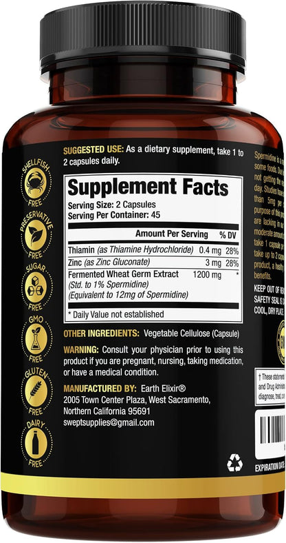 Earth Elixir Spermidine Supplements 1200mg (90 Capsules) – Anti-Ageing – Third-Party Tested (12mg Spermidine Powder) Max Purity – 100% Pure Spermidine – Fermented Wheat Germ Extract – NMN Alternative