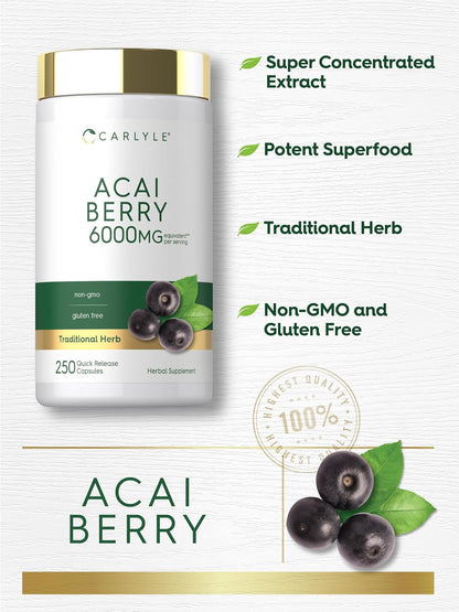Carlyle Acai Berry Supplement | 250 Capsules | Traditional Herbal Extract | Non-GMO & Gluten-free