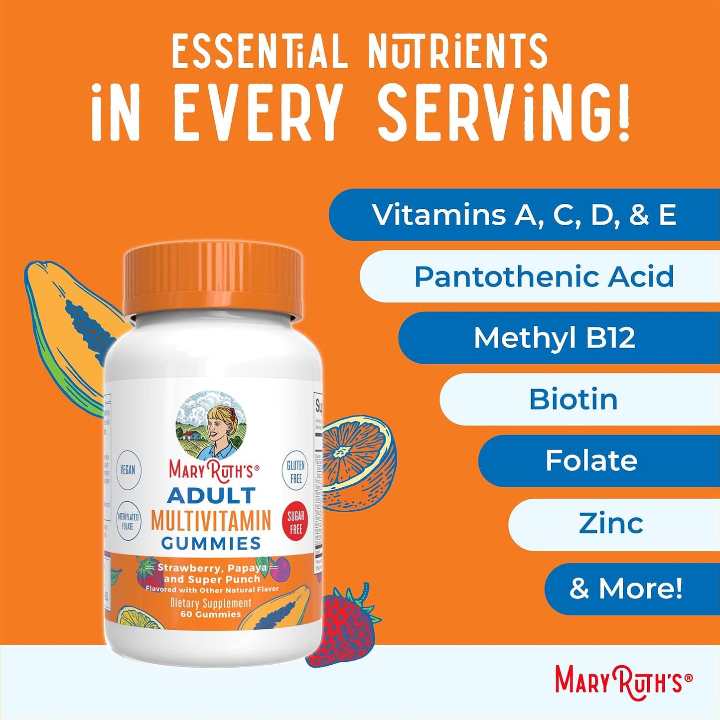 MaryRuth's Organics Multivitamin for Women and Men | Sugar Free | Adult Multimineral Gummy with Vitamin C, D, E, B Vitamins, Biotin, Zinc | Vegan | Non-GMO | Gluten-free | 60 Gummies - görsel 8