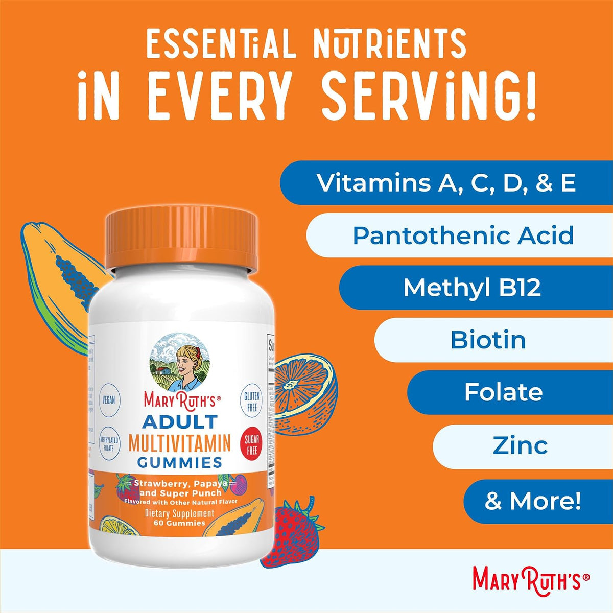 MaryRuth's Organics Multivitamin for Women and Men | Sugar Free | Adult Multimineral Gummy with Vitamin C, D, E, B Vitamins, Biotin, Zinc | Vegan | Non-GMO | Gluten-free | 60 Gummies - görsel 8