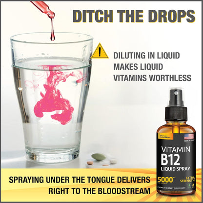 Liquid B12 Spray 5000 mcg – Sublingual Vitamin B12 Methylcobalamin – Vegan, Gluten-Free, Non-GMO (Pack of 2)
