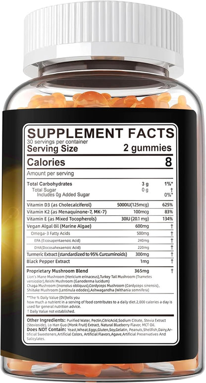 Vitamin D3 5000 IU (125 µg) + Vitamin K2 (MK-7) Gummies with Algae Omega-3 – Vegan, Sugar Free, 60 Count