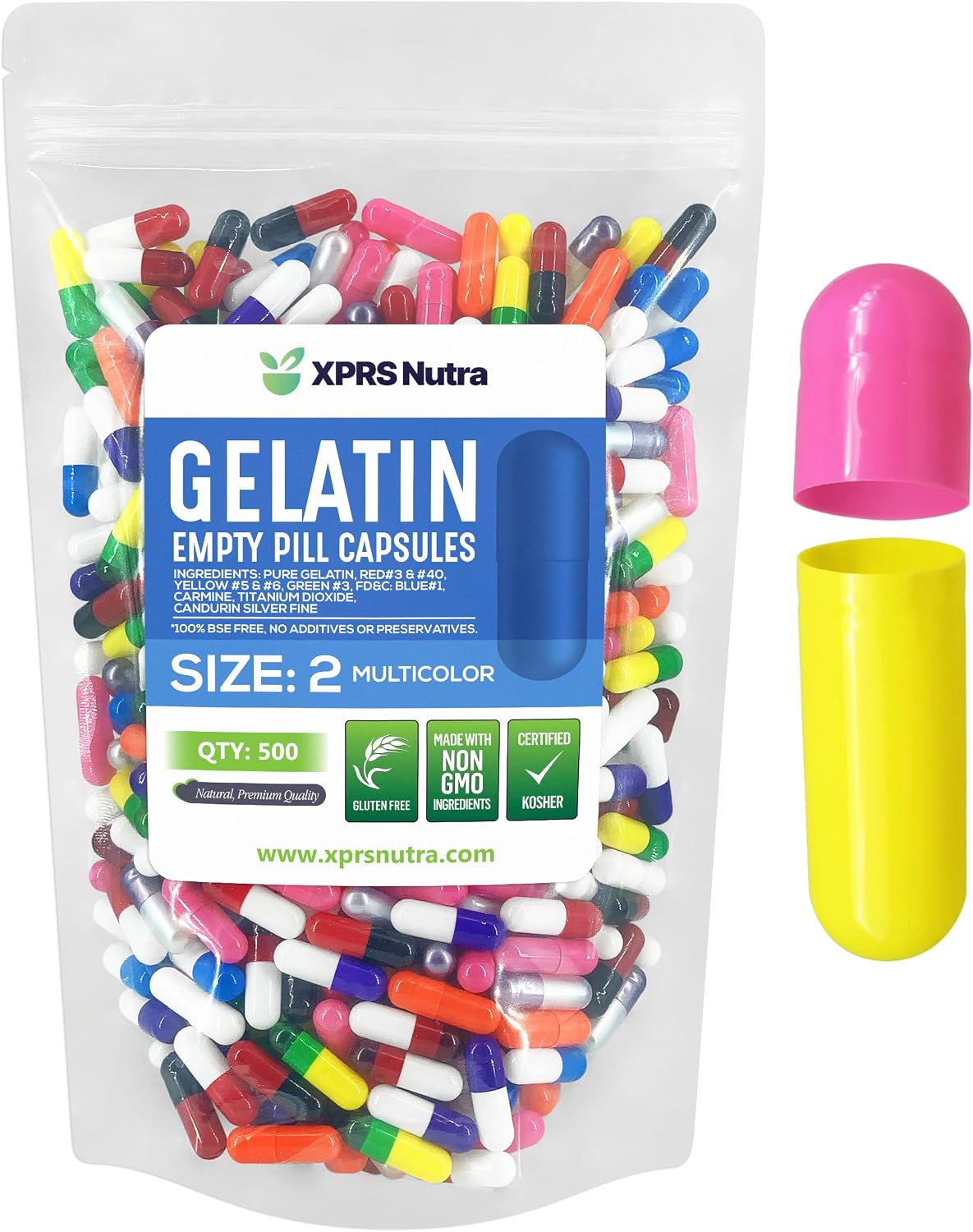 XPRS Nutra Size 2 Empty Gelatine Capsules – 500 Count (Multi Colour) - görsel 1