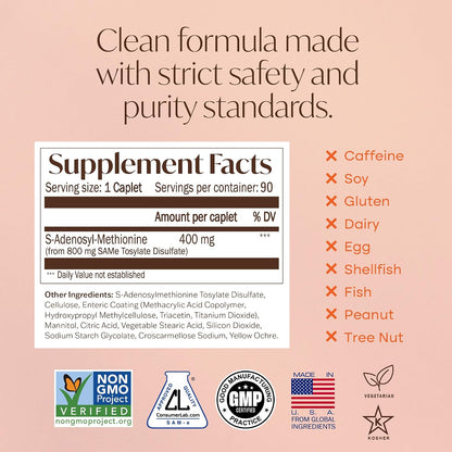 Nature's Trove SAM-e 400mg 90 Enteric Coated Caplets. Vegan, Kosher, Non-GMO Verified, Soya-free, Gluten-free - Cold Form Blister Packed.