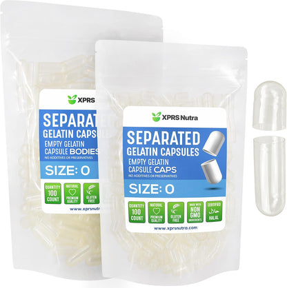 XPRS Nutra Gelatine Size 0 Separated Capsules - 100 Count Clear Empty Capsules Separated in Bags - Size 0 Gelatine Pills - Clear Gel Caps for DIY Supplement Filling