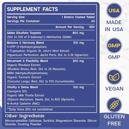 Enerlix SAM-e 1200mg | High Absorption Supplement with CoQ10 & 5-HTP | 60 Enteric Coated Tablets