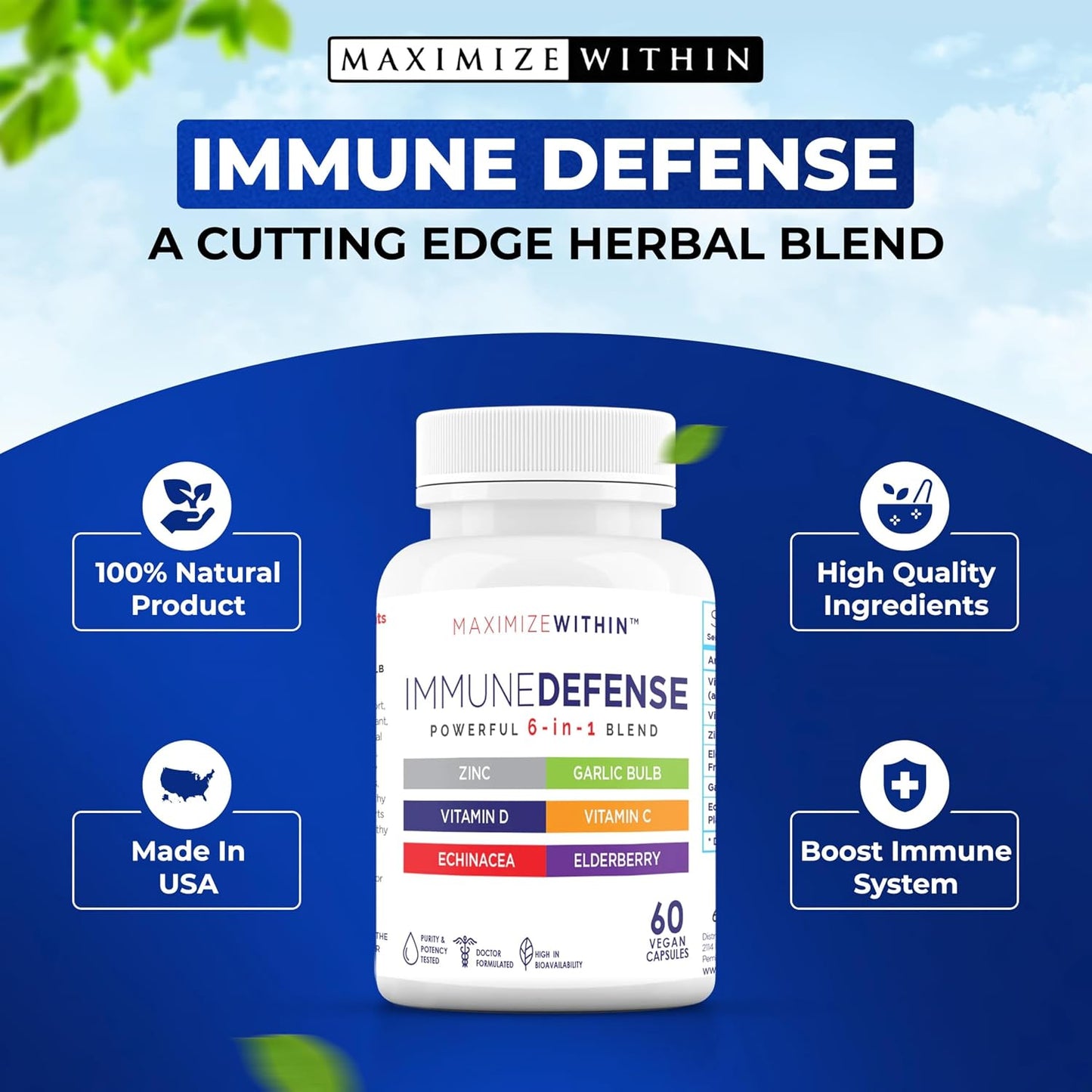 Maximum Slim 6-in-1 Immune Support Supplement with Zinc, Vitamin C, Elderberry, Vitamin D, Echinacea and Garlic, 60 Capsules - görsel 3