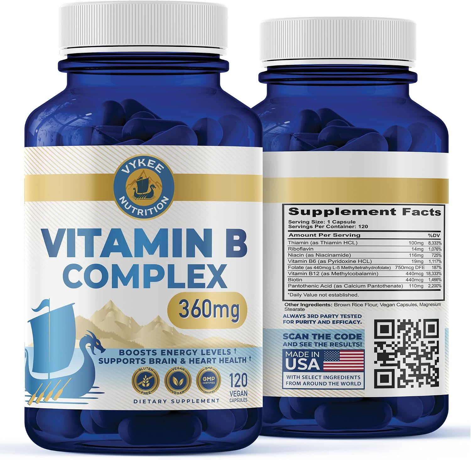 Vykee Nutrition B Complex Food Supplement – High-Potency B Vitamins, 120 Capsules - görsel 1