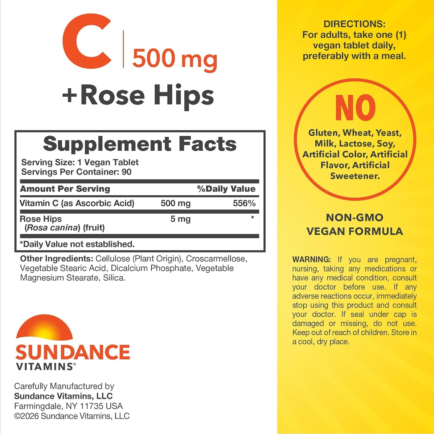 Sundance Vitamin C with Rose Hips | 500mg | 90 Vegetarian Tablets - görsel 2