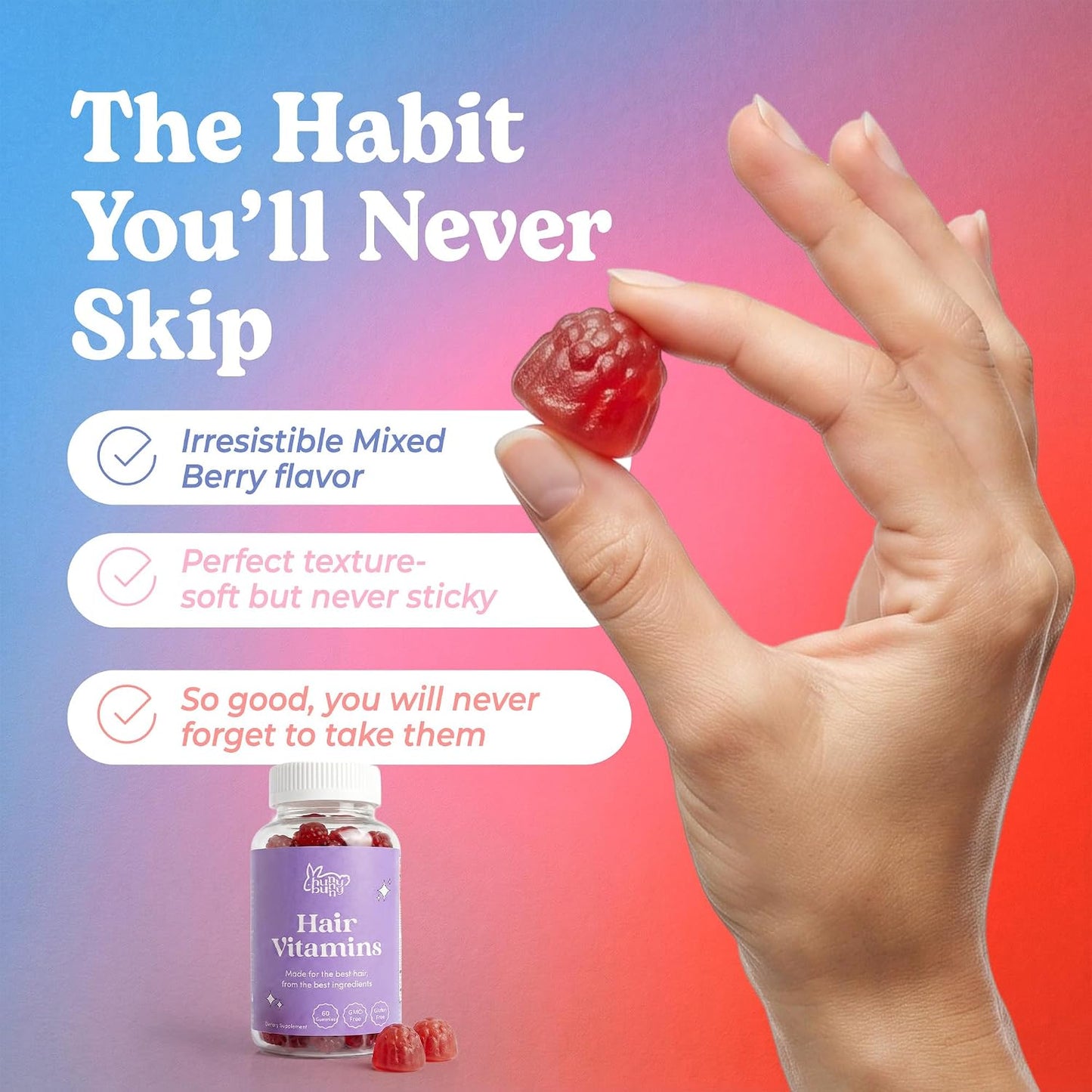 Hunny Bunny Hair Skin and Nails Gummies - Biotin 6000 mcg with Folic Acid, B12, Collagen, Zinc - 60 Gummies - görsel 4