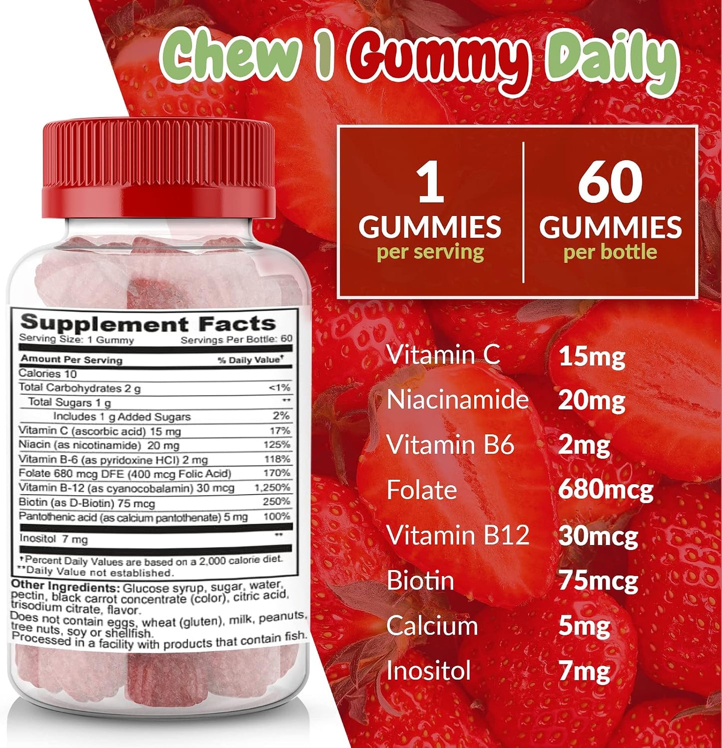 Strawberry Flavoured Vitamin B Complex Gummies – B Complex with Vitamin C – Helps Support Normal Nervous System Function and Energy Levels – Assists Normal Cognitive Function – Great Tasting and Easy to Swallow - görsel 5