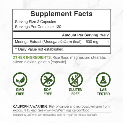 Moringa Capsules 240 Capsules – Maximum Strength Pure Moringa Leaf Extract – Complete Green Superfood Supplement