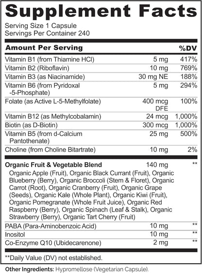 NATURELO Vitamin B Complex - Methylated with CoQ10, Folate & Biotin - Vegan, 240 Capsules