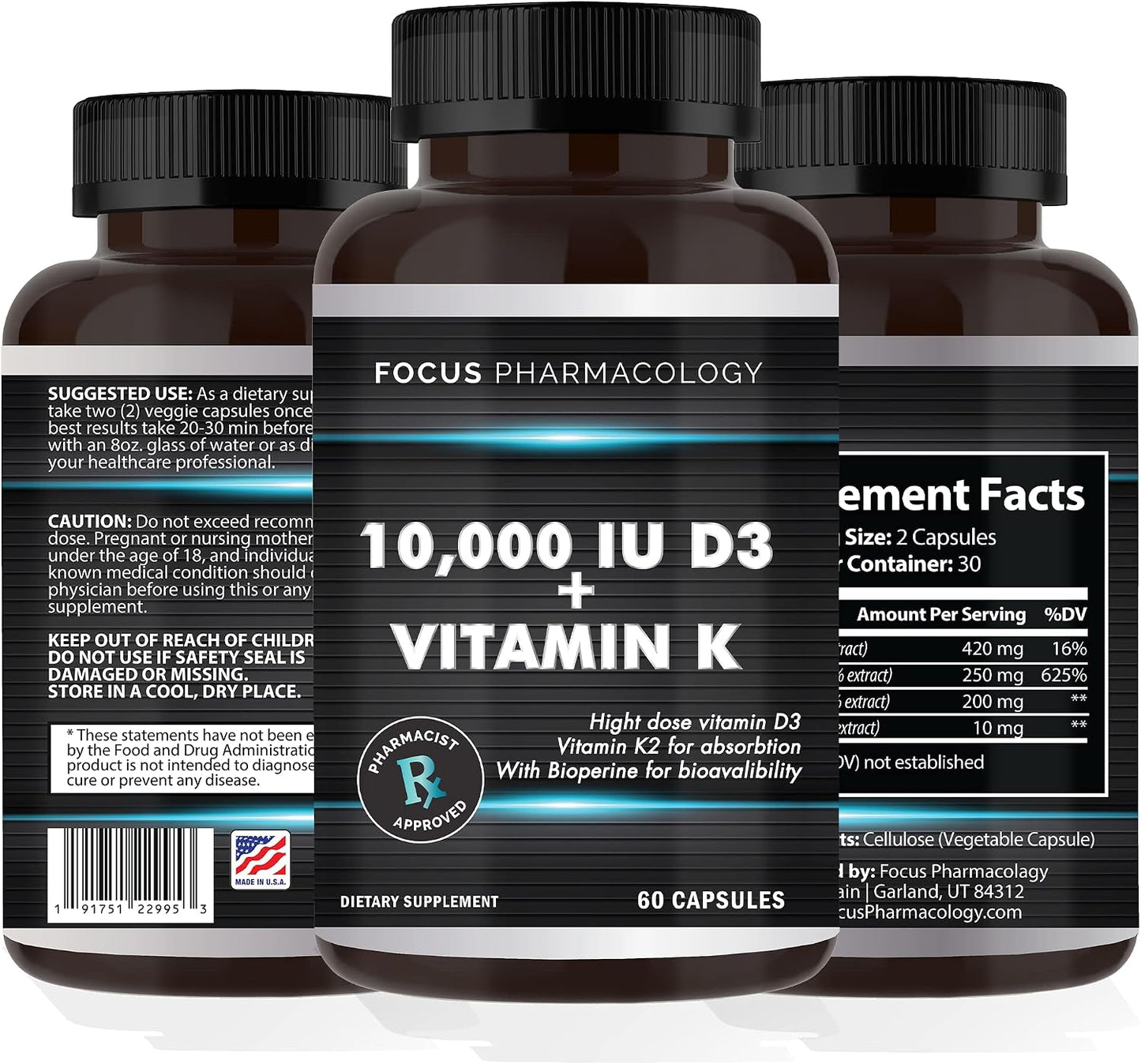 Focus Pharmacology Vitamin K2 with D3 Extra Strength - 10,000 IU D3 & 200 mcg K2 (MK-7), 60 Capsules - görsel 1