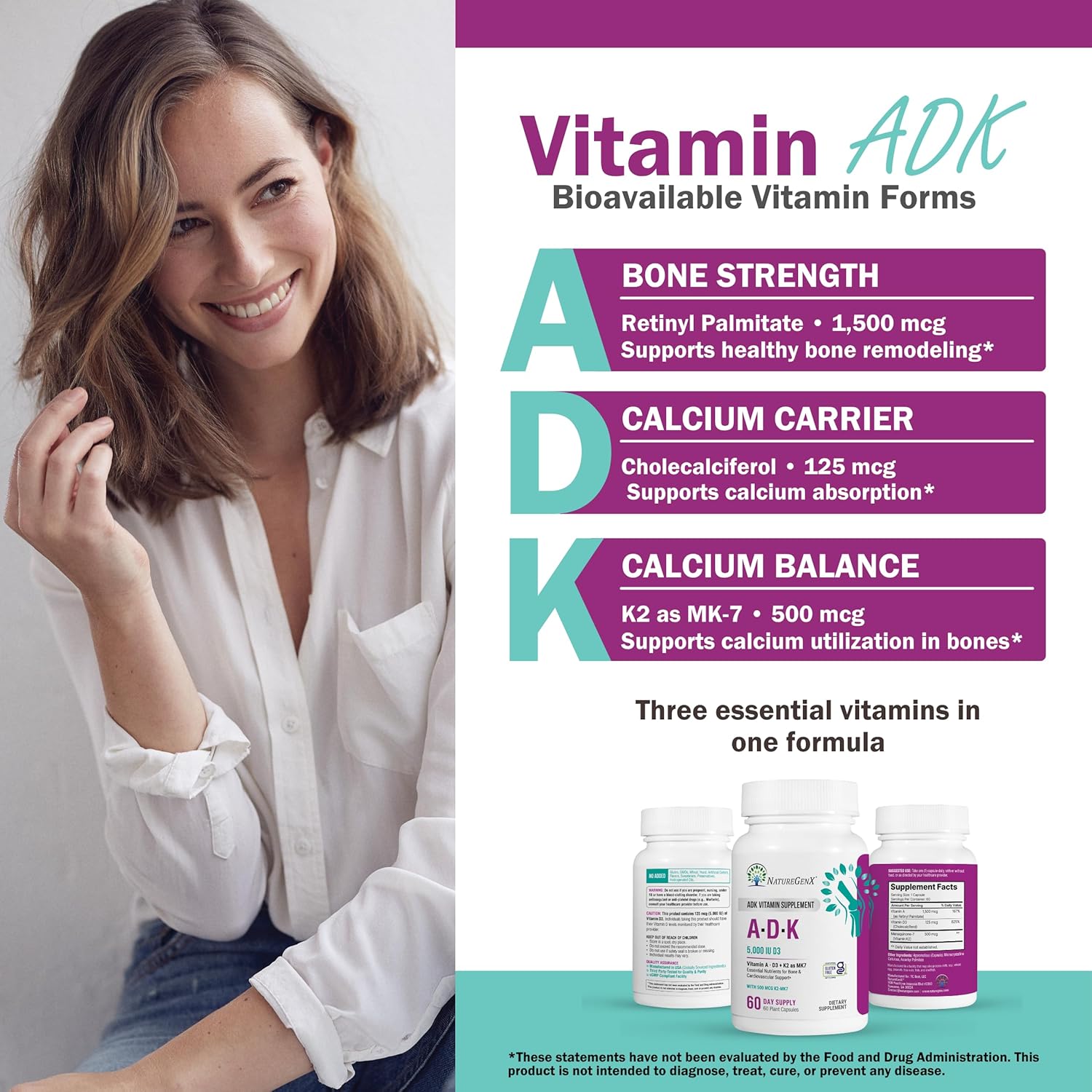 NatureGenX ADK Vitamin Supplement – Vitamins A, D3 & K2 MK-7 for Bone Health & Calcium Absorption – Gluten-Free, Non-GMO, Soya-Free – 60 Capsules (2-Month Supply) - görsel 2