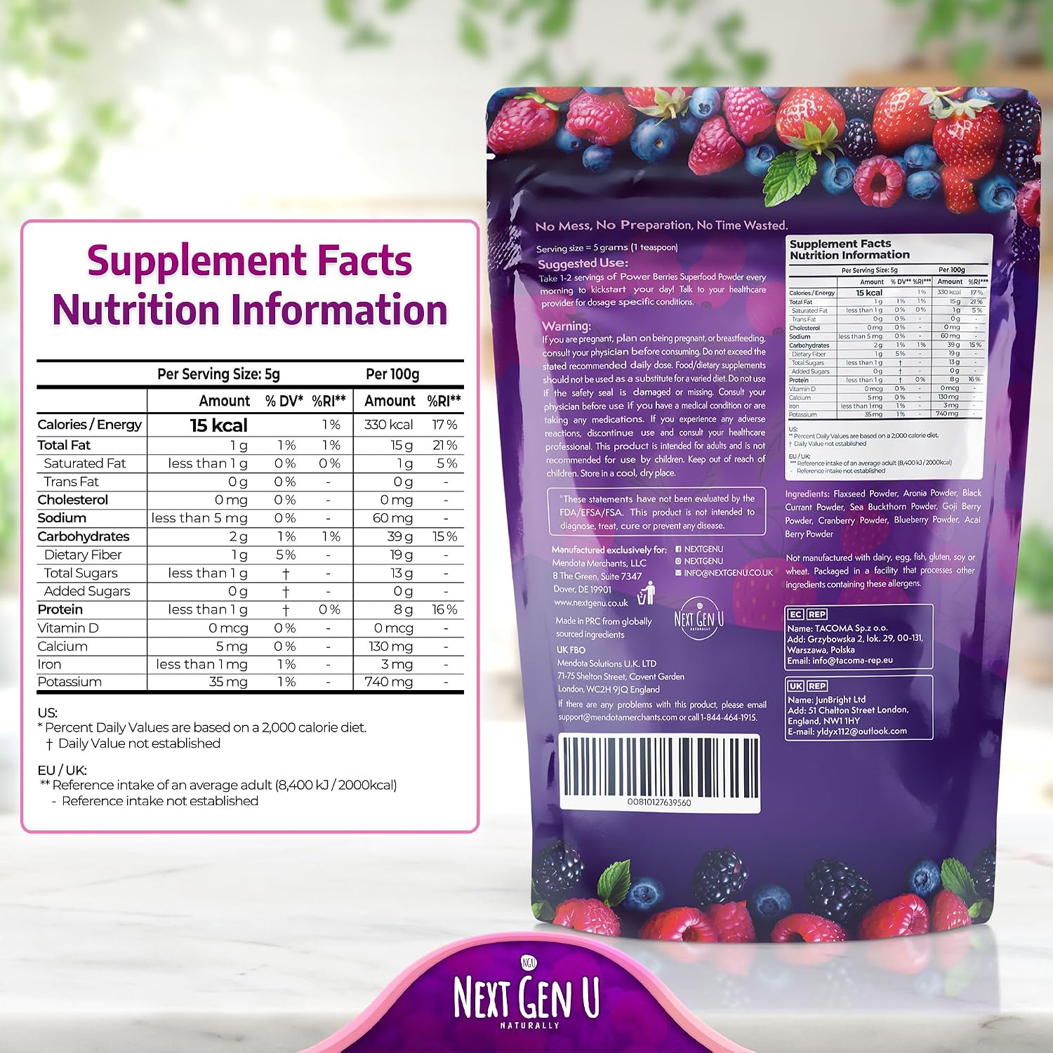 Super Berry Powder - 1 Pack, 240g - Food Supplement with Superfood Berries - Immune Support & Antioxidant Blend - Smoothie Mix for Shakes - by NextGenU - görsel 8