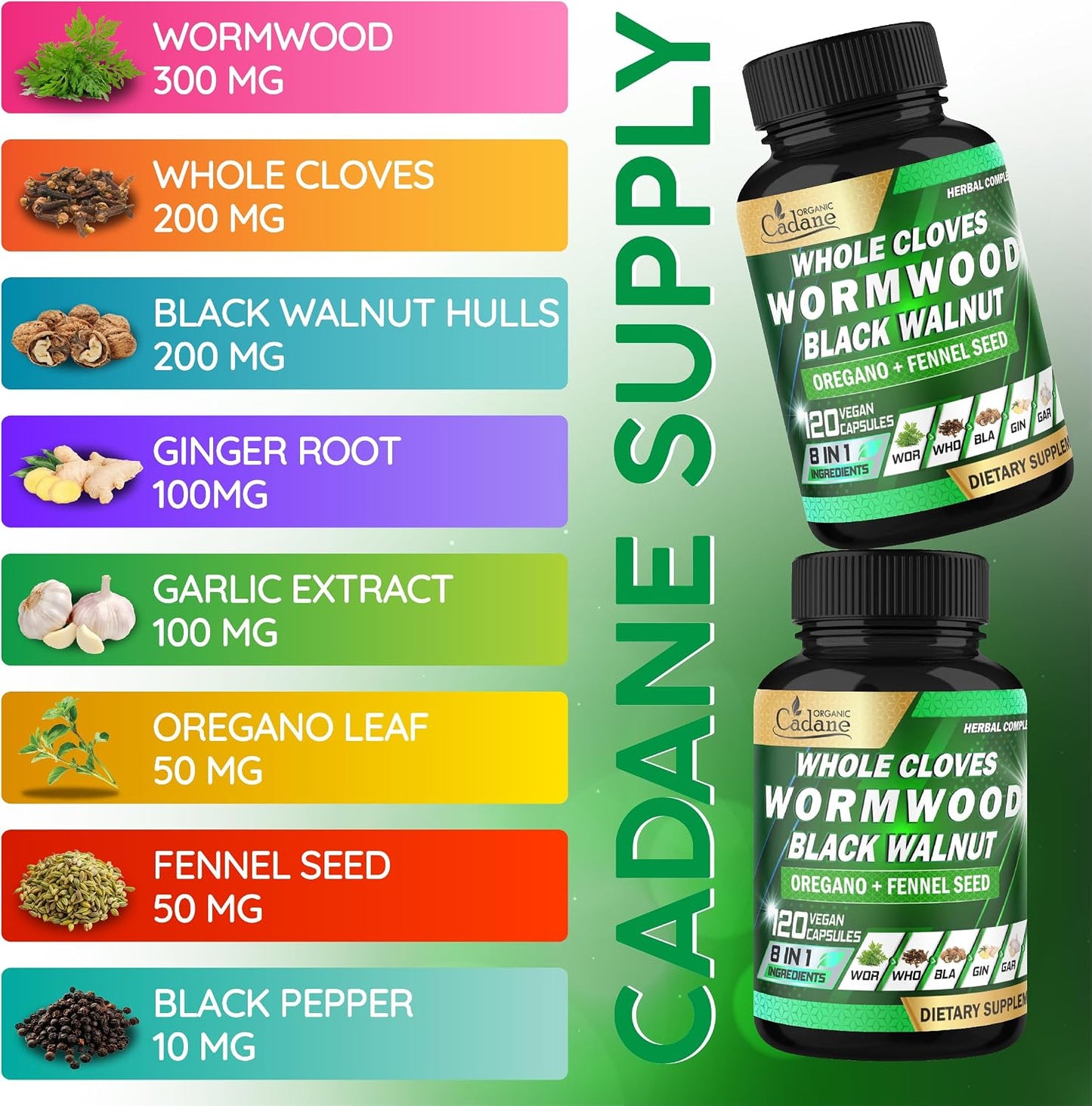 Cadane Wormwood Whole Cloves Black Walnut with Ginger, Garlic, Oregano, Fennel & Black Pepper – Digestive & Wellness Support – 120 Capsules (60-Day Supply) - görsel 4