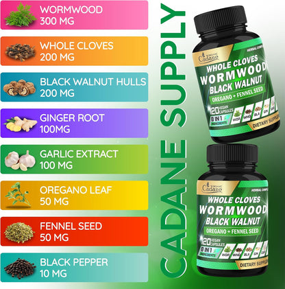 Cadane Wormwood Whole Cloves Black Walnut with Ginger, Garlic, Oregano, Fennel & Black Pepper – Digestive & Wellness Support – 120 Capsules (60-Day Supply)