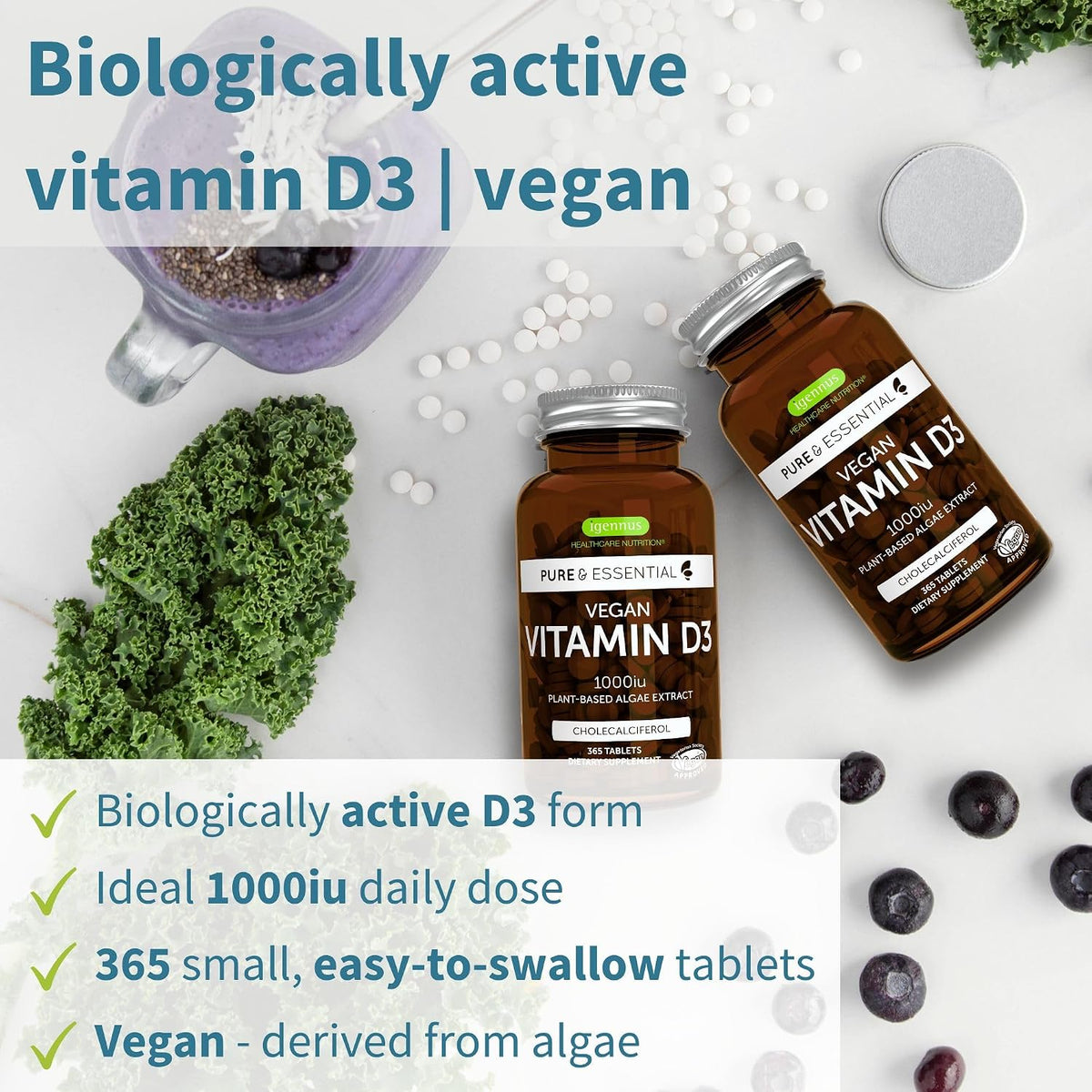 Igennus Natural Vegan Vitamin D3 1000IU, Clean Label, 365 Tablets (One-Year Supply) - görsel 2