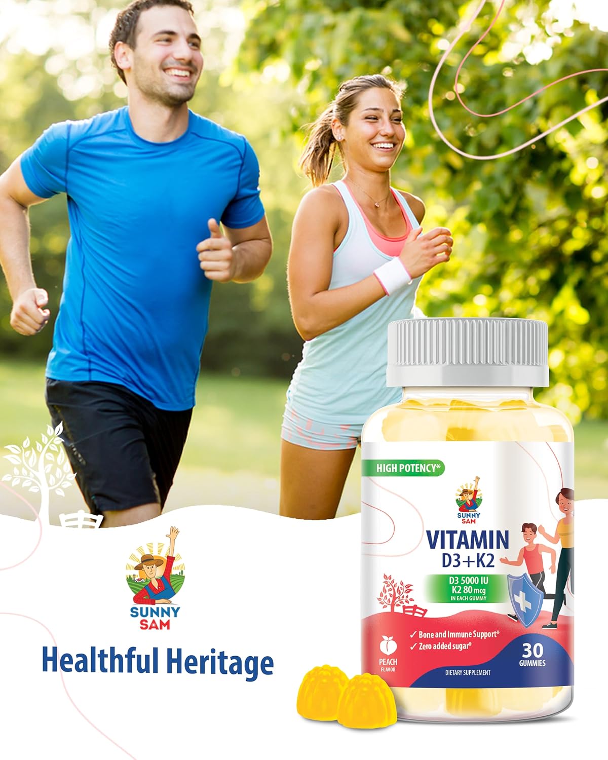SUNNY SAM Vitamin D3 K2 Gummies - 5000 IU with 80 mcg MK-7 - Sugar-Free, Vegan - 30 Count - görsel 6