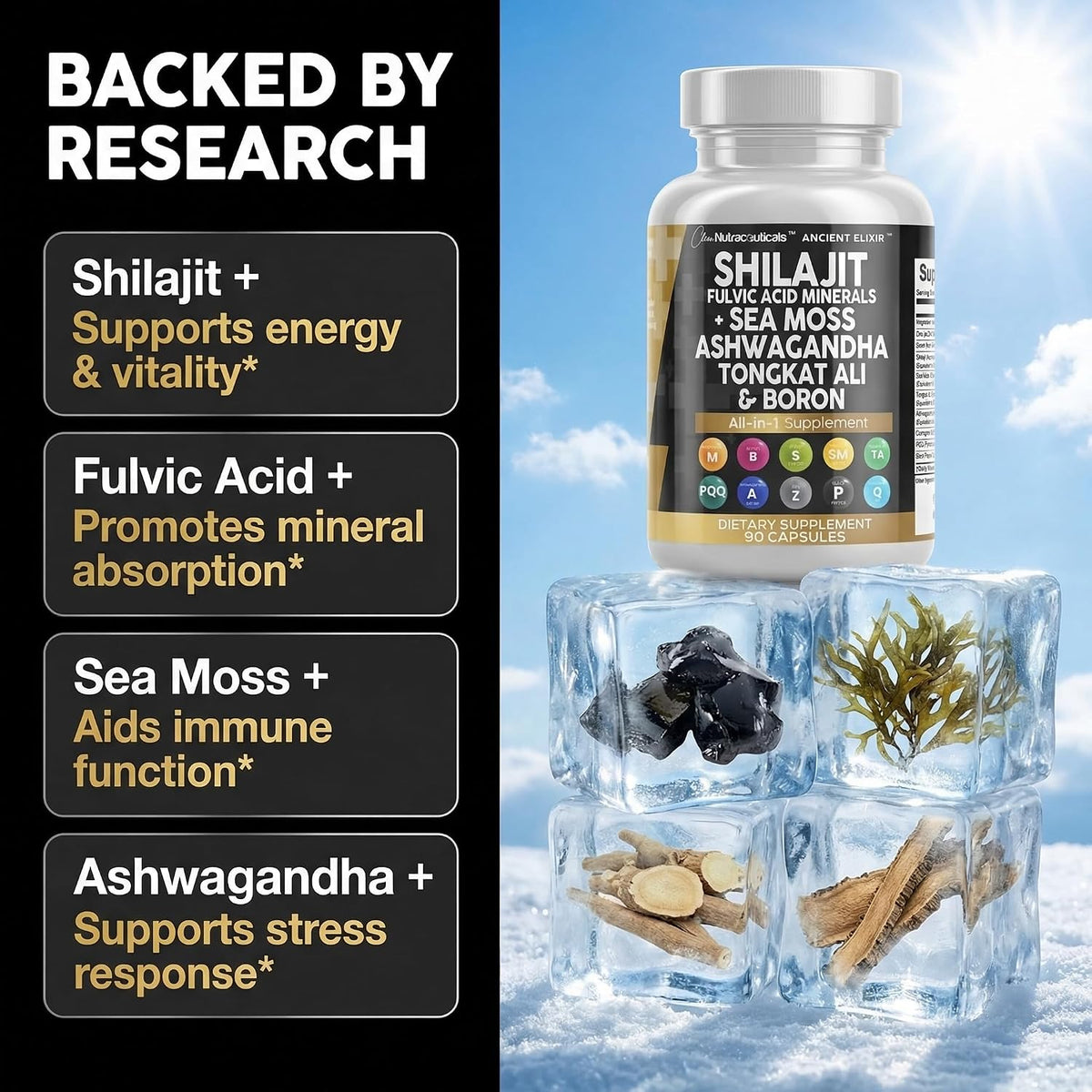 Clean Nutraceuticals Shilajit Supplement for Men with Sea Moss, Tongkat Ali, Ashwagandha, Boron, Zinc, CoQ10, PQQ - Fulvic Acid Capsules - Energy Support - 90 Count - görsel 2