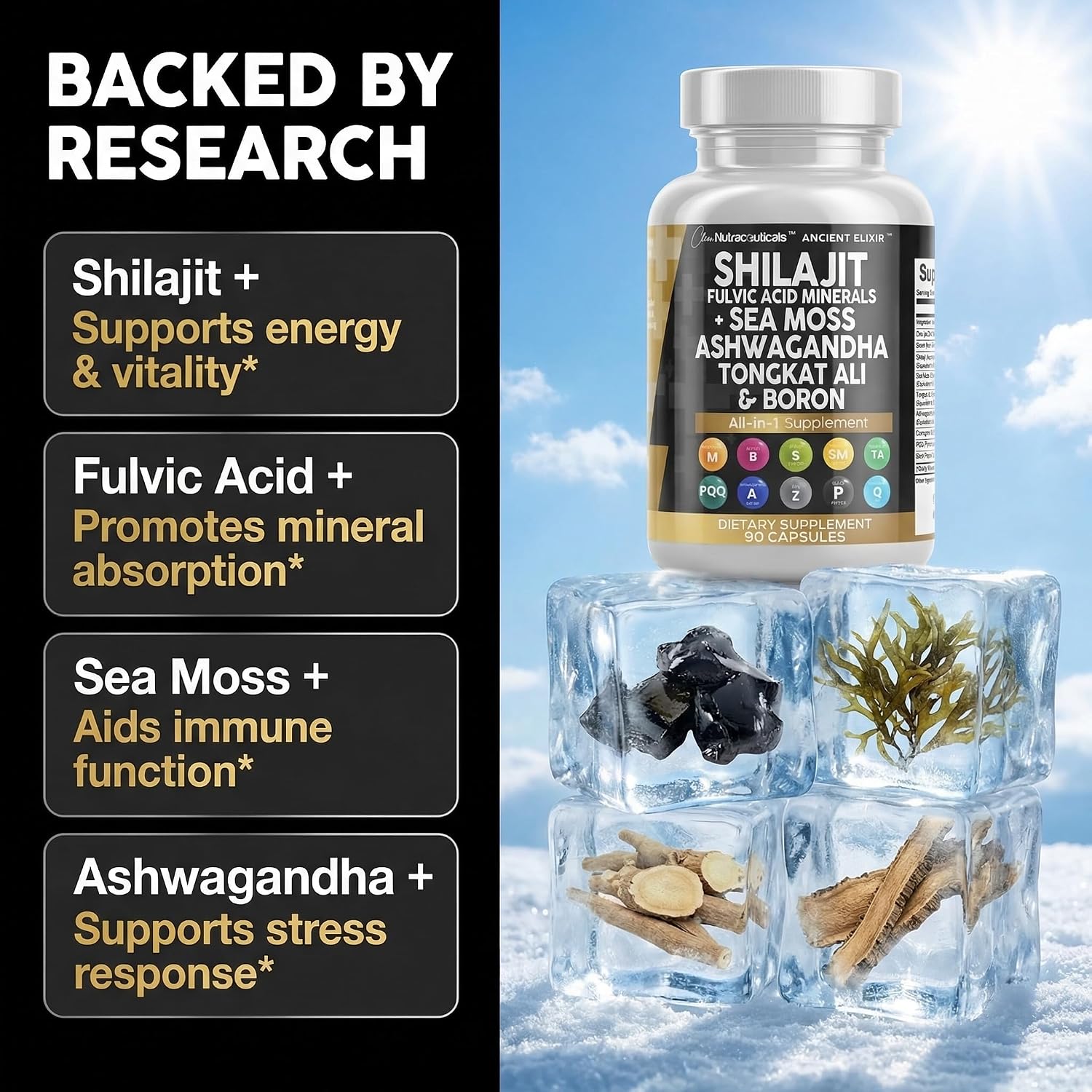 Clean Nutraceuticals Shilajit Supplement for Men with Sea Moss, Tongkat Ali, Ashwagandha, Boron, Zinc, CoQ10, PQQ - Fulvic Acid Capsules - Energy Support - 90 Count - görsel 2