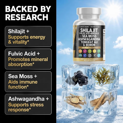Clean Nutraceuticals Shilajit Supplement for Men with Sea Moss, Tongkat Ali, Ashwagandha, Boron, Zinc, CoQ10, PQQ - Fulvic Acid Capsules - Energy Support - 90 Count