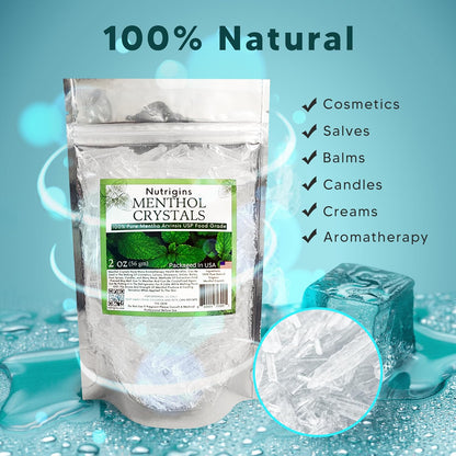 Nutrigins Menthol Crystals 2 oz - Pure Organic 100% Natural Menthol Crystals from Mint (Mentha Arvensis) - Resealable Stand-Up Pouch