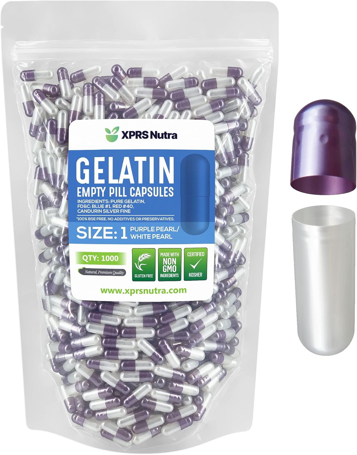 XPRS Nutra Size 1 Empty Gelatine Capsules - 1000 Count - DIY Pill Capsule Filling - Pure Bovine Gel Caps (Pearl Purple/White) - görsel 1