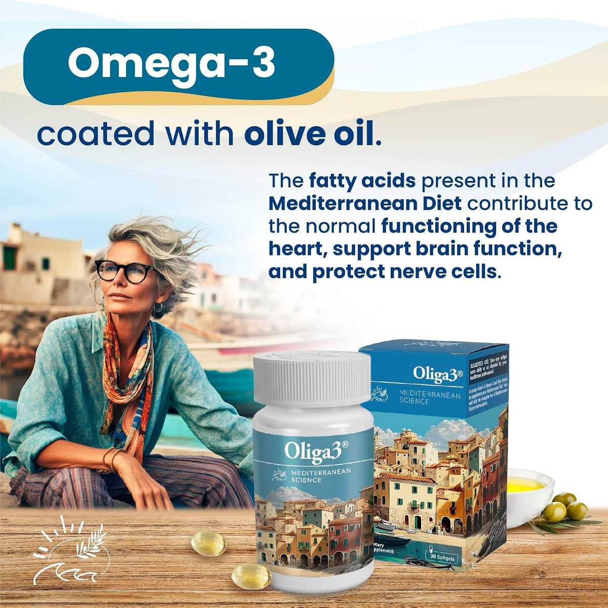 Oliga3 Omega-3 EPA DHA with Olive Oil, Vitamin D, E – Mediterranean Diet Inspired Food Supplement, 30 Softgels - görsel 3