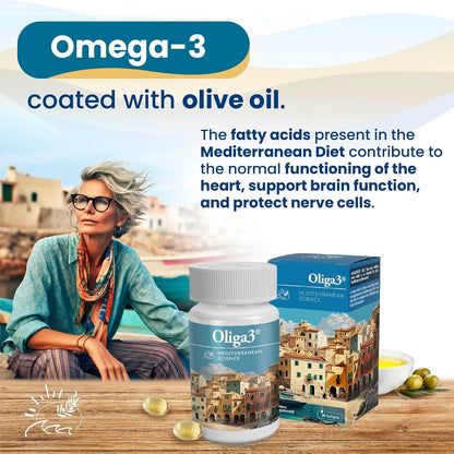 Oliga3 Omega-3 EPA DHA with Olive Oil, Vitamin D, E – Mediterranean Diet Inspired Food Supplement, 30 Softgels