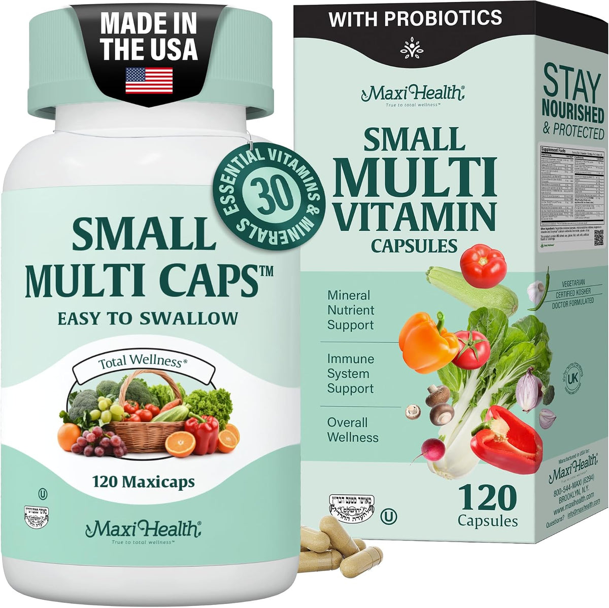Maxi Health Multivitamin – Easy-to-Swallow Multi Vitamin Capsules with 30 Nutrients, Iron & Probiotics – Kosher Daily Multivitamins for Wellness Support and Digestive Ease (120 Capsules) - görsel 1