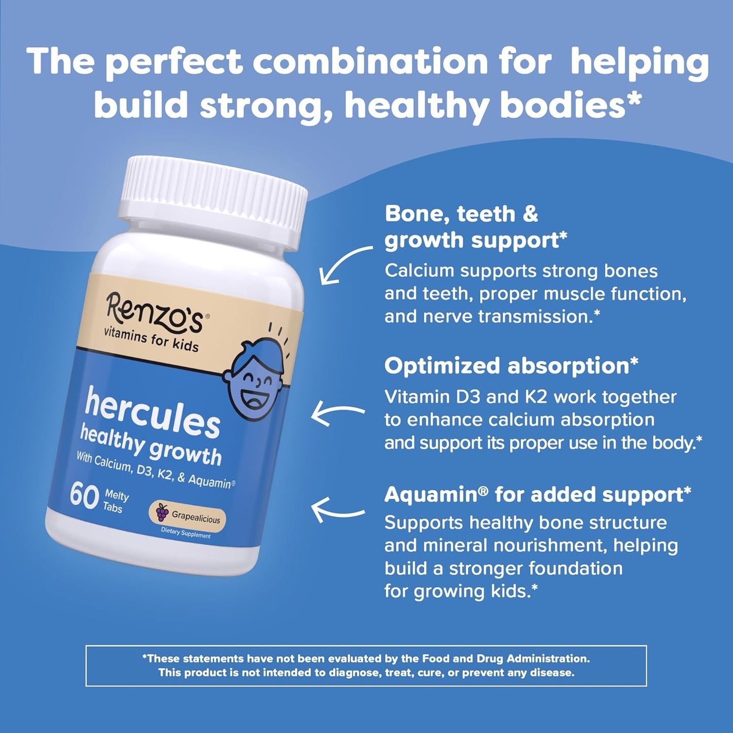 Renzo's Hercules Healthy Growth Calcium Supplement with Vitamin D3, K2 & Aquamin - Sugar-Free Dissolvable Tablets for Children Aged 2+ - Grape Flavour (60 Count) - görsel 3