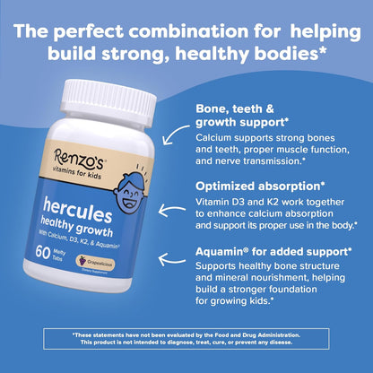 Renzo's Hercules Healthy Growth Calcium Supplement with Vitamin D3, K2 & Aquamin - Sugar-Free Dissolvable Tablets for Children Aged 2+ - Grape Flavour (60 Count)