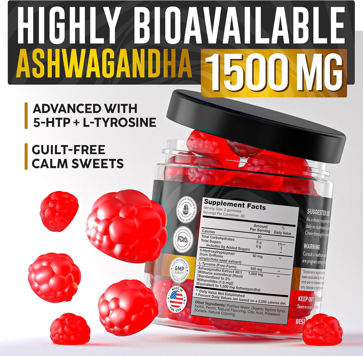 Ashwagandha Gummies - Pure Root Extract 1500 mg with 5-HTP & L-Tyrosine - 55 Gummies - görsel 2
