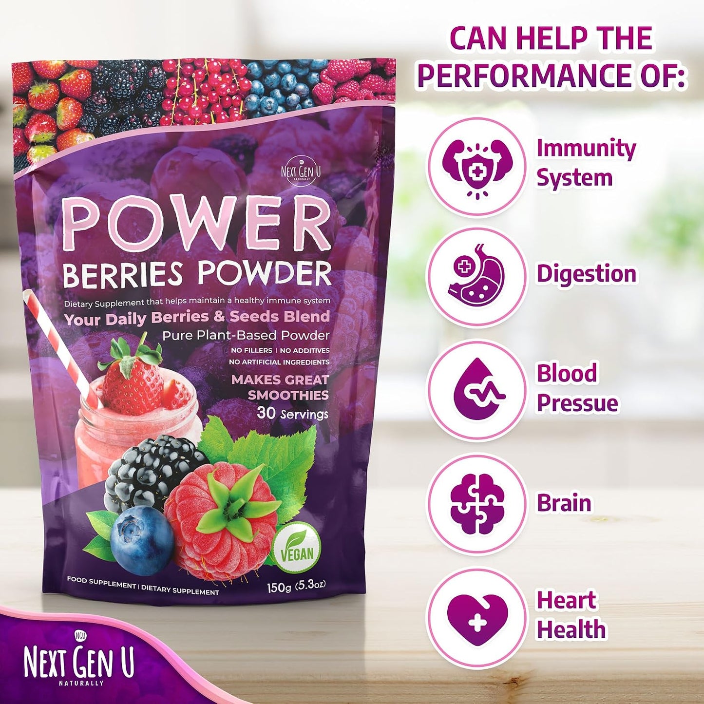 Super Berry Powder - 4 Pack, 150g Each - Immune Support - Food Supplement - Superfood Berries - Smoothie Mix for Shakes - Healthy Boost for Detox Juice Beverages or Any Drink - by NextGenU - görsel 3