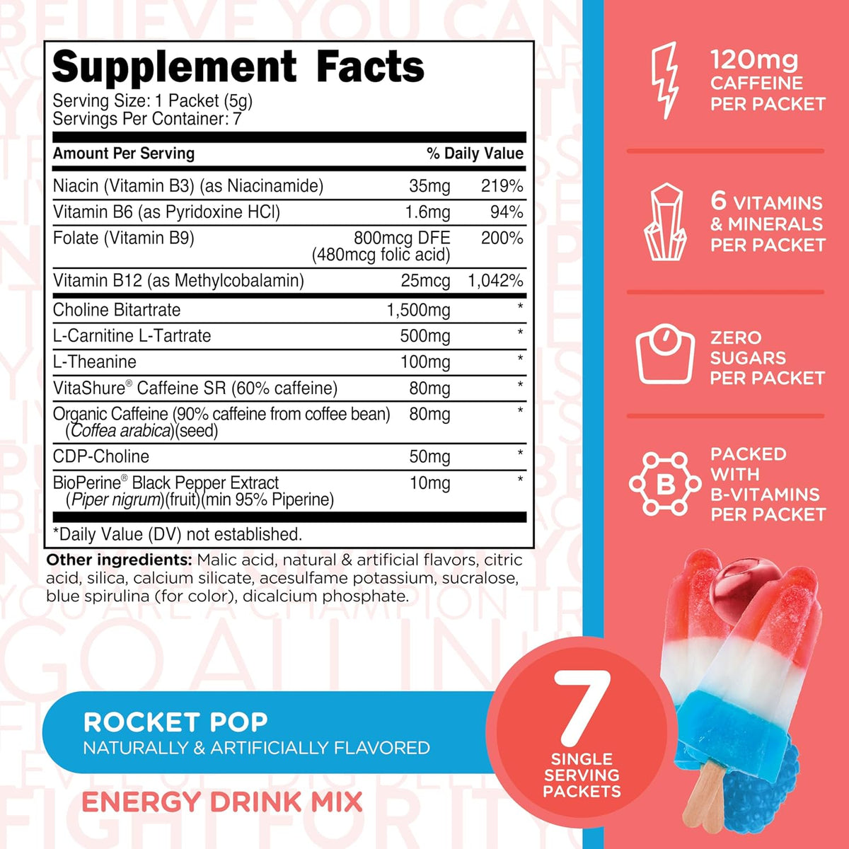 TransformHQ Boost Shot Powder Drink Stick Packets, Rocket Pop, 7 Pack, Energy Supplements for Women & Men, with Caffeine, Vitamin B12, B9, B6 & B3 - görsel 2