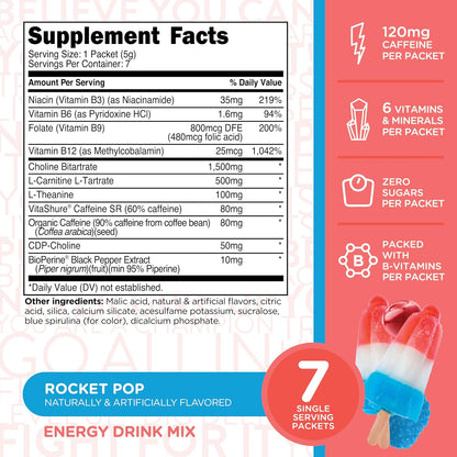 TransformHQ Boost Shot Powder Drink Stick Packets, Rocket Pop, 7 Pack, Energy Supplements for Women & Men, with Caffeine, Vitamin B12, B9, B6 & B3