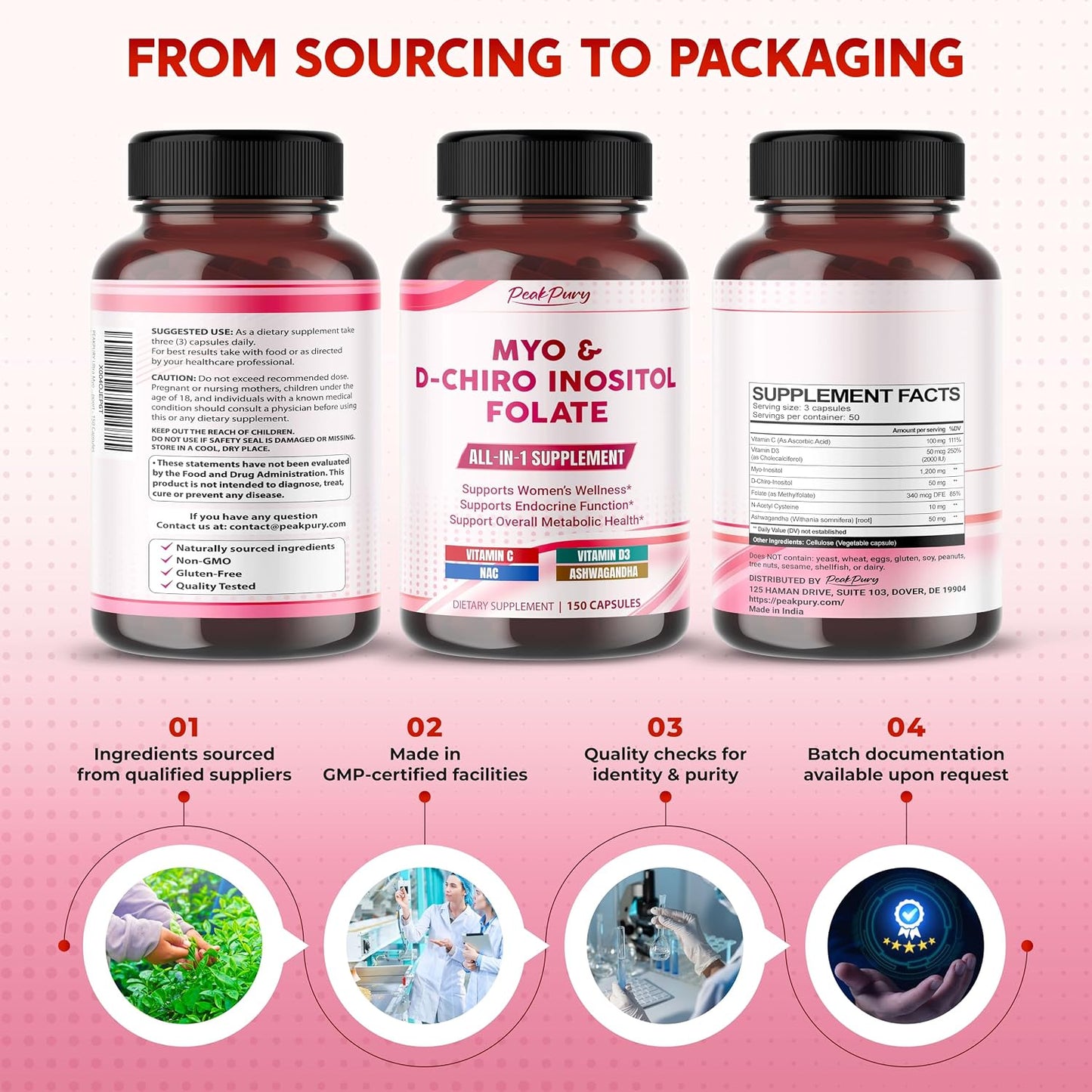 PEAKPURY Ultra Myo & D-Chiro Inositol with Folate, Vitamins C & D3 - 150 Capsules - görsel 8