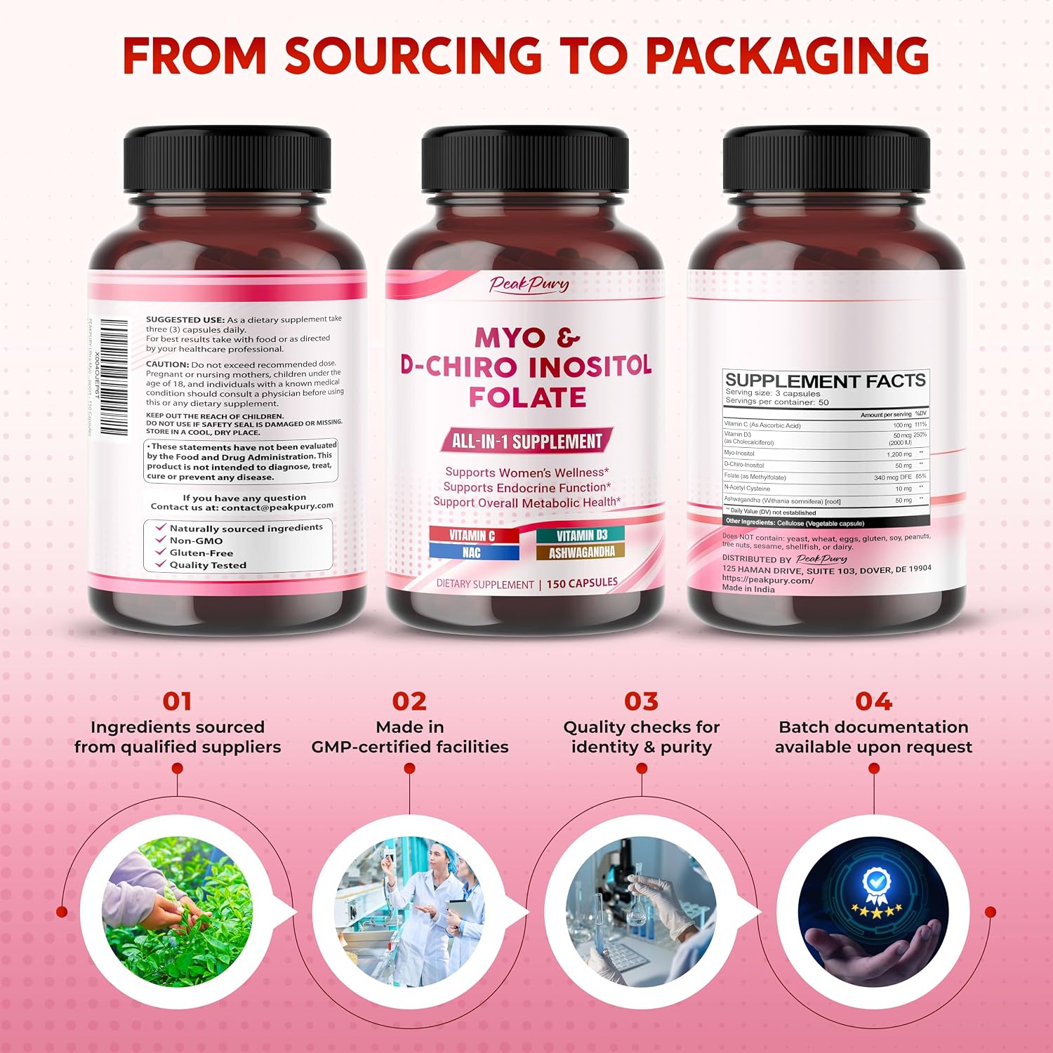 PEAKPURY Ultra Myo & D-Chiro Inositol with Folate, Vitamins C & D3 - 150 Capsules - görsel 8