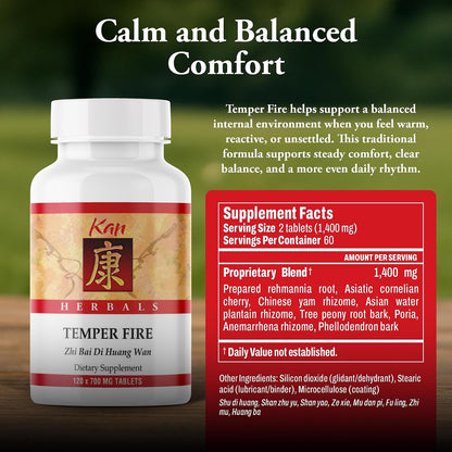 Kan Herb Company Temper Fire – Traditional Herbal Formula with Prepared Rehmannia, Anemarrhena & Phellodendron – Supports Cooling Balance, Moisture Comfort & Grounded Ease – 120 Tablets