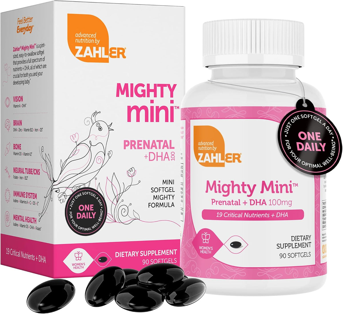 Zahler Mighty Mini – Easy-to-Swallow Prenatal Vitamin with Methylfolate, DHA & Advanced Nutrition – 90 Softgels - görsel 1