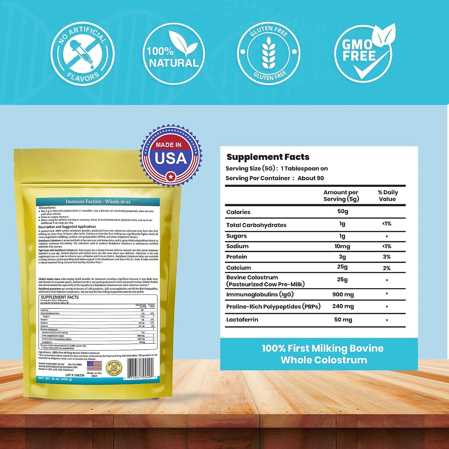 BodyBoost Whole Colostrum, 100% Bovine Colostrum Powder, Immune Support with Immunoglobulin and Lactoferrin, Grass Fed Colostrum for Gut Health, 454 g - görsel 2