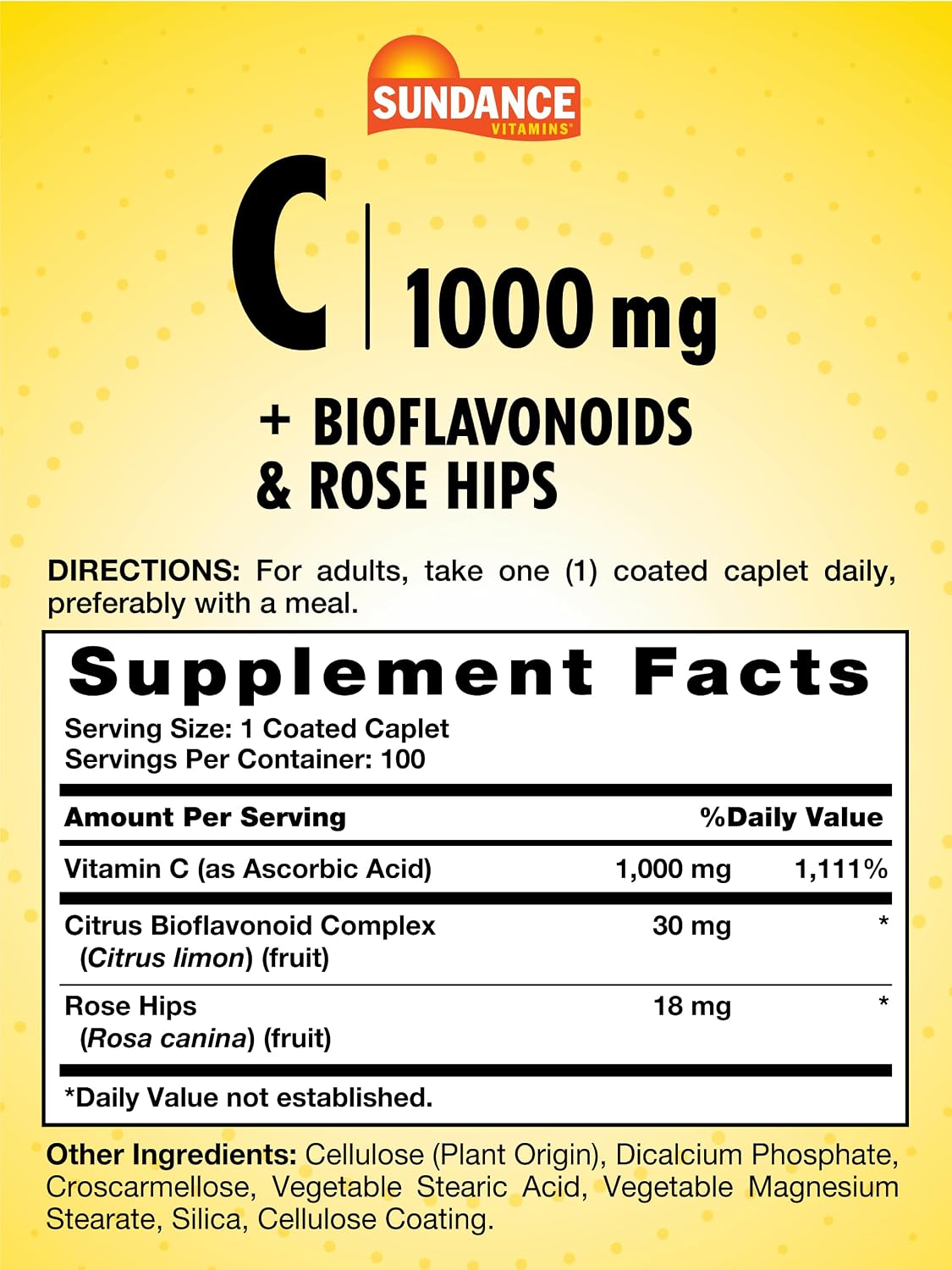 Sundance Vitamin C 1000mg with Rose Hips & Bioflavonoids | 100 Coated Caplets | Vegetarian, Non-GMO and Gluten-free Supplement - görsel 2