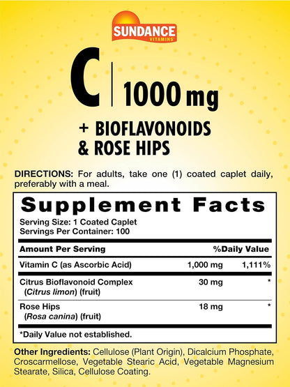 Sundance Vitamin C 1000mg with Rose Hips & Bioflavonoids | 100 Coated Caplets | Vegetarian, Non-GMO and Gluten-free Supplement