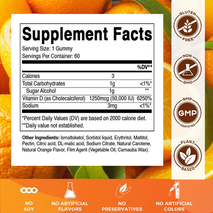 Vitamatic Sugar Free Vitamin D3 50,000 IU Weekly Supplement – 60 Pectin-Based Gummies
