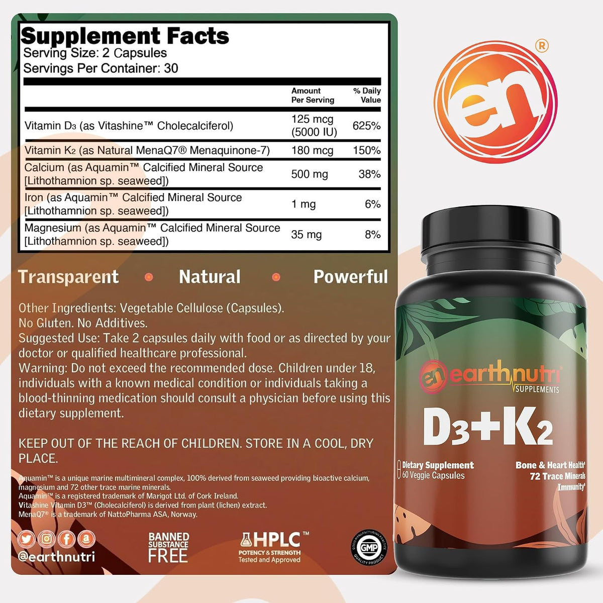 EarthNutri Vitamin D3 Plus K2 Supplement - 5000 IU with MenaQ7 K2, Vitashine D3 & Aquamin Calcium - Non-GMO - görsel 9