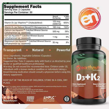 EarthNutri Vitamin D3 Plus K2 Supplement - 5000 IU with MenaQ7 K2, Vitashine D3 & Aquamin Calcium - Non-GMO